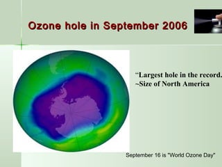 Ozone hole in September 2006Ozone hole in September 2006
“Largest hole in the record.
~Size of North America
September 16 is "World Ozone Day"
 