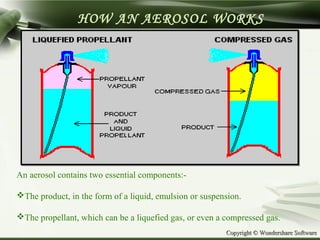 Copyright © Wondershare SoftwareCopyright © Wondershare Software
HOW AN AEROSOL WORKS
An aerosol contains two essential components:-
The product, in the form of a liquid, emulsion or suspension.
The propellant, which can be a liquefied gas, or even a compressed gas.
 