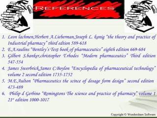 Copyright © Wondershare SoftwareCopyright © Wondershare Software
1. Leon lachmen,Herbert A.Lieberman,Joseph L. kanig “the theory and practice of
Industrial pharmacy” third edtion 589-618
2. E.A.raulins “Bentley’s Text book of pharmaceutics” eighth edition 669-684
3. Gilbert S.banker,christopher T.rhodes “Modern pharmaceutics” Third edition
547-554
4. James Swerbrick,James C.Boylon “Encyclopedia of pharmaceutical technology”
volume 2 second edition 1735-1752
5. M.E.Aulton “Pharmaceutics the scince of dosage form design” second edition
473-489
6. Philip d Gerbino “Remingtons The science and practice of pharmacy” volume 1
21st
edition 1000-1017
 