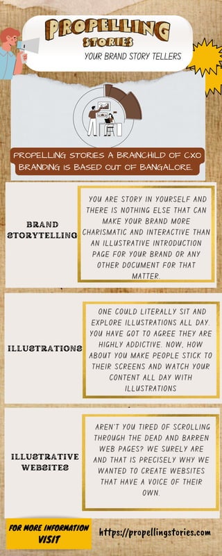 YOU ARE STORY IN YOURSELF AND
YOU ARE STORY IN YOURSELF AND
THERE IS NOTHING ELSE THAT CAN
THERE IS NOTHING ELSE THAT CAN
MAKE YOUR BRAND MORE
MAKE YOUR BRAND MORE
CHARISMATIC AND INTERACTIVE THAN
CHARISMATIC AND INTERACTIVE THAN
AN ILLUSTRATIVE INTRODUCTION
AN ILLUSTRATIVE INTRODUCTION
PAGE FOR YOUR BRAND OR ANY
PAGE FOR YOUR BRAND OR ANY
OTHER DOCUMENT FOR THAT
OTHER DOCUMENT FOR THAT
MATTER.
MATTER.
ONE COULD LITERALLY SIT AND
ONE COULD LITERALLY SIT AND
EXPLORE ILLUSTRATIONS ALL DAY.
EXPLORE ILLUSTRATIONS ALL DAY.
YOU HAVE GOT TO AGREE THEY ARE
YOU HAVE GOT TO AGREE THEY ARE
HIGHLY ADDICTIVE. NOW, HOW
HIGHLY ADDICTIVE. NOW, HOW
ABOUT YOU MAKE PEOPLE STICK TO
ABOUT YOU MAKE PEOPLE STICK TO
THEIR SCREENS AND WATCH YOUR
THEIR SCREENS AND WATCH YOUR
CONTENT ALL DAY WITH
CONTENT ALL DAY WITH
ILLUSTRATIONS
ILLUSTRATIONS
AREN’T YOU TIRED OF SCROLLING
AREN’T YOU TIRED OF SCROLLING
THROUGH THE DEAD AND BARREN
THROUGH THE DEAD AND BARREN
WEB PAGES? WE SURELY ARE
WEB PAGES? WE SURELY ARE
AND THAT IS PRECISELY WHY WE
AND THAT IS PRECISELY WHY WE
WANTED TO CREATE WEBSITES
WANTED TO CREATE WEBSITES
THAT HAVE A VOICE OF THEIR
THAT HAVE A VOICE OF THEIR
OWN.
OWN.
YOUR BRAND STORY TELLERS
BRAND
STORYTELLING
ILLUSTRATIONS
ILLUSTRATIVE
WEBSITES
https://propellingstories.com
PROPELLING STORIES A BRAINCHILD OF CXO
BRANDING IS BASED OUT OF BANGALORE.
FOR MORE INFORMATION
VISIT
 