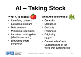 AI – Taking Stock
What AI is good at
• Identifying patterns
• Extracting structure
• Data analysis
• Mimicking regularities
• Important: training data
(ideally structured)
• Emulating smart
behaviour
What AI is really bad at
• Creativity
• Eloquence
• Curiosity
• Freshness
• Originality
• Poetry
• Out-of-the-box’ness
• Understanding of the
world that surrounds us
Propellor FilmTech Meetup #1 – 25 July 2017 22
 