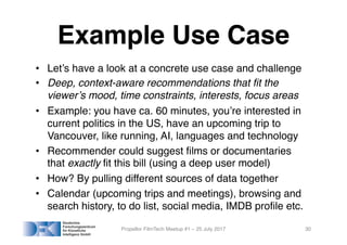 Example Use Case
• Let’s have a look at a concrete use case and challenge
• Deep, context-aware recommendations that fit the
viewer’s mood, time constraints, interests, focus areas
• Example: you have ca. 60 minutes, you’re interested in
current politics in the US, have an upcoming trip to
Vancouver, like running, AI, languages and technology
• Recommender could suggest films or documentaries
that exactly fit this bill (using a deep user model)
• How? By pulling different sources of data together
• Calendar (upcoming trips and meetings), browsing and
search history, to do list, social media, IMDB profile etc.
Propellor FilmTech Meetup #1 – 25 July 2017 30
 