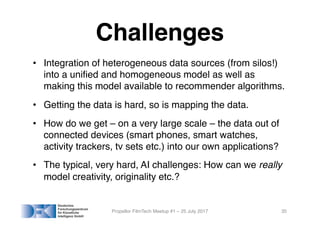 Challenges
• Integration of heterogeneous data sources (from silos!)
into a unified and homogeneous model as well as
making this model available to recommender algorithms.
• Getting the data is hard, so is mapping the data.
• How do we get – on a very large scale – the data out of
connected devices (smart phones, smart watches,
activity trackers, tv sets etc.) into our own applications?
• The typical, very hard, AI challenges: How can we really
model creativity, originality etc.?
Propellor FilmTech Meetup #1 – 25 July 2017 35
 
