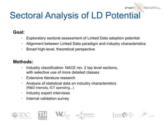 Sectoral Analysis of LD Potential
Goal:
• Exploratory sectoral assessment of Linked Data adoption potential
• Alignment be...