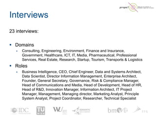 Interviews
23 interviews:
 Domains
 Consulting, Engineering, Environment, Finance and Insurance,
Government, Healthcare,...