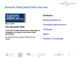 Semantic Web/Linked Data over time…
PROPEL 33
Subtopics:
Expressing Meaning
Knowledge Representation
Ontologies
Agents
Evo...