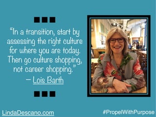 “In a transition, start by
assessing the right culture
for where you are today.
Then go culture shopping,
not career shopping.”
− Lois Barth
LindaDescano.com #PropelWithPurpose
 