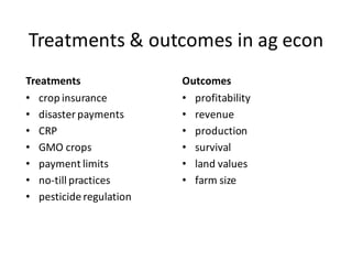 Treatments	&	outcomes	in	ag econ
Treatments
• crop	insurance
• disaster	payments
• CRP
• GMO	crops
• payment	limits
• no-till	practices
• pesticide	regulation
Outcomes
• profitability
• revenue
• production
• survival
• land	values
• farm	size
 