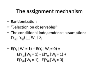 The	assignment	mechanism
• Randomization
• “Selection	on	observables”
• The	conditional	independence	assumption:	
{Y1i , Y0i}	|| Wi |	Xi
• E(Yi |Wi =	1)	– E(Yi |Wi =	0)	=	
E(Y1i|Wi =	1)	- E(Y0i|Wi =	1)	+	
E(Y0i|Wi =	1)	- E(Y0i|Wi =	0)
 