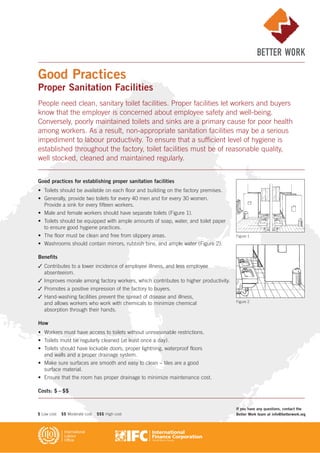 Good practices for establishing proper sanitation facilities
• Toilets should be available on each floor and building on the factory premises.
• Generally, provide two toilets for every 40 men and for every 30 women.
Provide a sink for every fifteen workers.
• Male and female workers should have separate toilets (Figure 1).
• Toilets should be equipped with ample amounts of soap, water, and toilet paper
to ensure good hygiene practices.
• The floor must be clean and free from slippery areas.
• Washrooms should contain mirrors, rubbish bins, and ample water (Figure 2).
Benefits
✓ Contributes to a lower incidence of employee illness, and less employee
absenteeism.
✓ Improves morale among factory workers, which contributes to higher productivity.
✓ Promotes a positive impression of the factory to buyers.
✓ Hand-washing facilities prevent the spread of disease and illness,
and allows workers who work with chemicals to minimize chemical
absorption through their hands.
How
• Workers must have access to toilets without unreasonable restrictions.
• Toilets must be regularly cleaned (at least once a day).
• Toilets should have lockable doors, proper lightning, waterproof floors
and walls and a proper drainage system.
• Make sure surfaces are smooth and easy to clean – tiles are a good
surface material.
• Ensure that the room has proper drainage to minimize maintenance cost.
Costs: $ – $$
Good Practices
Proper Sanitation Facilities
People need clean, sanitary toilet facilities. Proper facilities let workers and buyers
know that the employer is concerned about employee safety and well-being.
Conversely, poorly maintained toilets and sinks are a primary cause for poor health
among workers. As a result, non-appropriate sanitation facilities may be a serious
impediment to labour productivity. To ensure that a sufficient level of hygiene is
established throughout the factory, toilet facilities must be of reasonable quality,
well stocked, cleaned and maintained regularly.
Figure 1
Figure 2
If you have any questions, contact the
Better Work team at info@betterwork.org$ Low cost $$ Moderate cost $$$ High cost
 