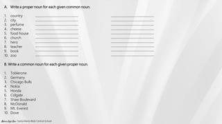 A. Write a proper noun for each given common noun.
1. country
2. city
3. perfume
4. cheese
5. food house
6. church
7. hero
8. teacher
9. book
10. zoo
B. Write a common noun for each given proper noun.
1. Toblerone
2. Germany
3. Chicago Bulls
4. Nokia
5. Honda
6. Colgate
7. Shaw Boulevard
8. McDonald
9. Mt. Everest
10. Dove
Marie Jaja Roa- Santa Maria West Central School
 
