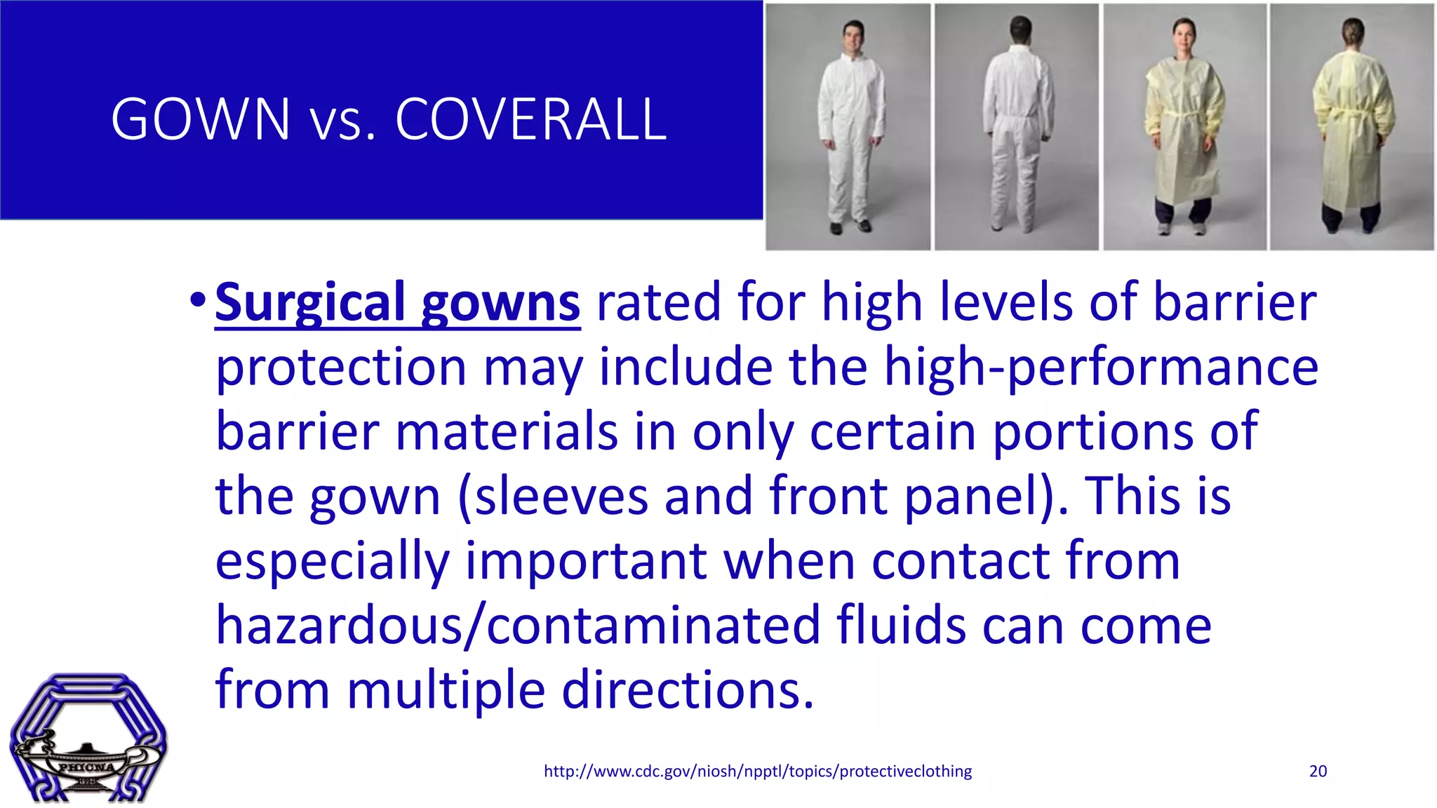 GOWN vs. COVERALL
•Surgical gowns rated for high levels of barrier
protection may include the high-performance
barrier materials in only certain portions of
the gown (sleeves and front panel). This is
especially important when contact from
hazardous/contaminated fluids can come
from multiple directions.
http://www.cdc.gov/niosh/npptl/topics/protectiveclothing 20
 