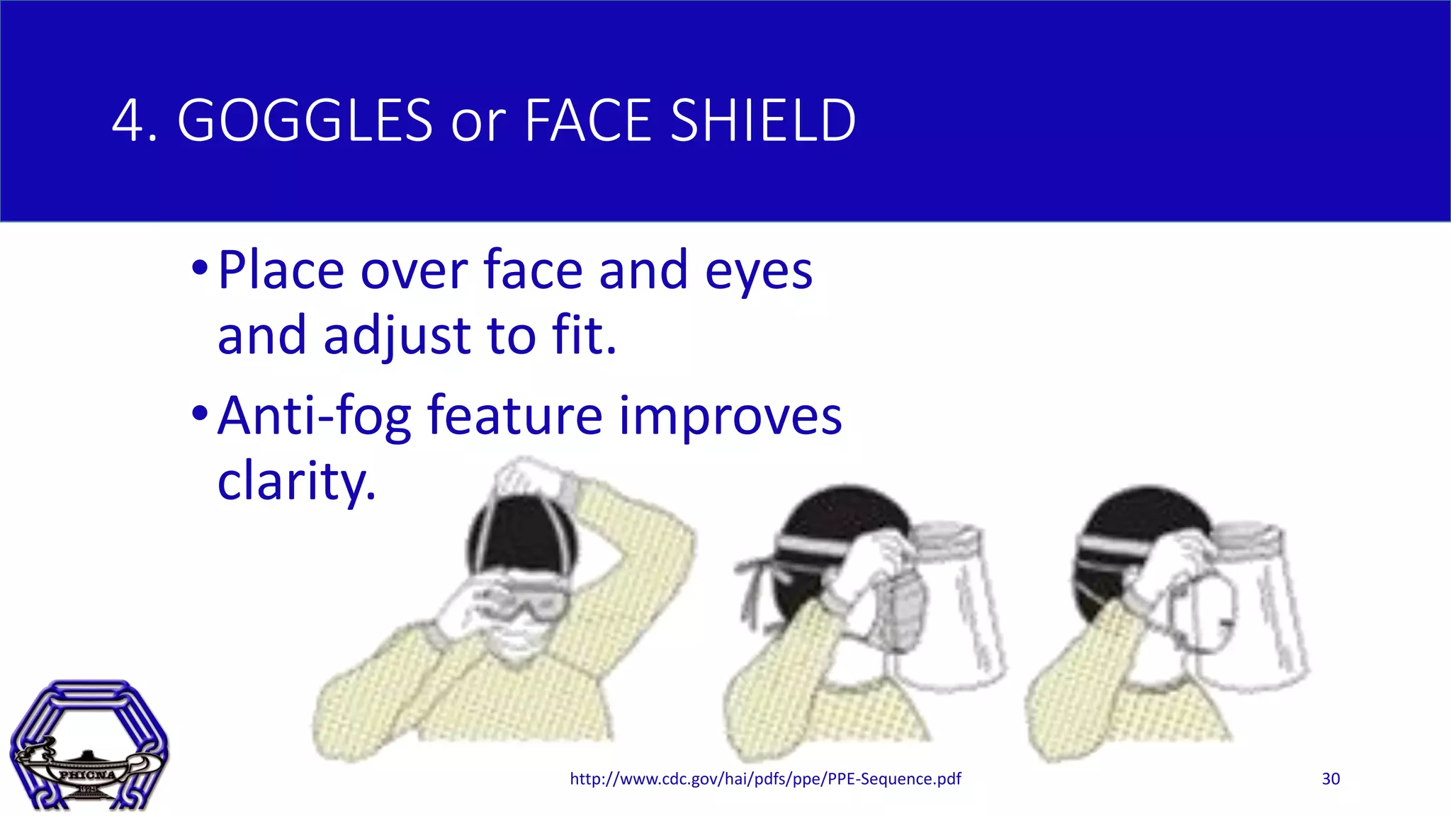 4. GOGGLES or FACE SHIELD
•Place over face and eyes
and adjust to fit.
•Anti-fog feature improves
clarity.
http://www.cdc.gov/hai/pdfs/ppe/PPE-Sequence.pdf 30
 