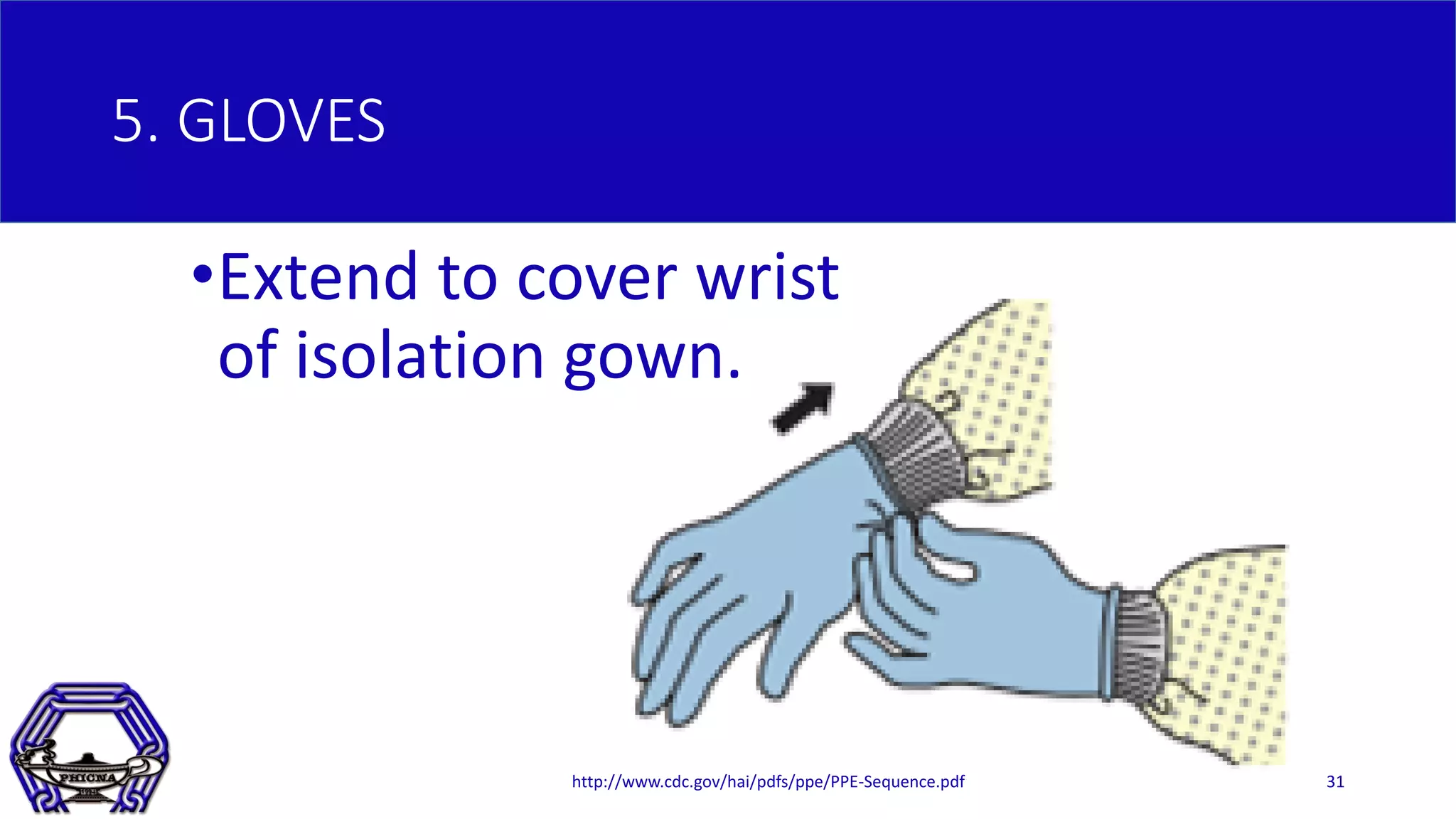 5. GLOVES
•Extend to cover wrist
of isolation gown.
http://www.cdc.gov/hai/pdfs/ppe/PPE-Sequence.pdf 31
 