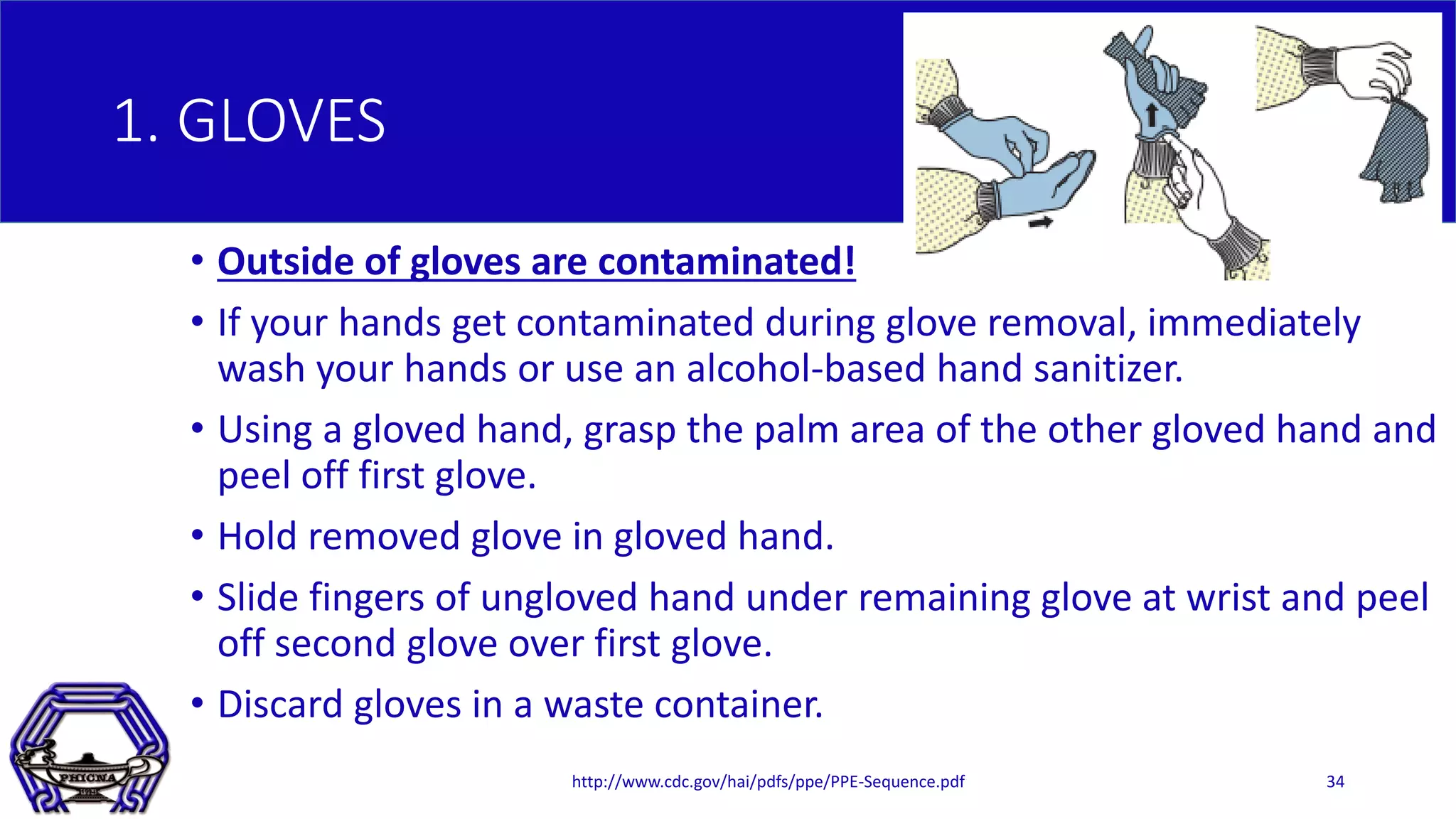 1. GLOVES
• Outside of gloves are contaminated!
• If your hands get contaminated during glove removal, immediately
wash your hands or use an alcohol-based hand sanitizer.
• Using a gloved hand, grasp the palm area of the other gloved hand and
peel off first glove.
• Hold removed glove in gloved hand.
• Slide fingers of ungloved hand under remaining glove at wrist and peel
off second glove over first glove.
• Discard gloves in a waste container.
http://www.cdc.gov/hai/pdfs/ppe/PPE-Sequence.pdf 34
 