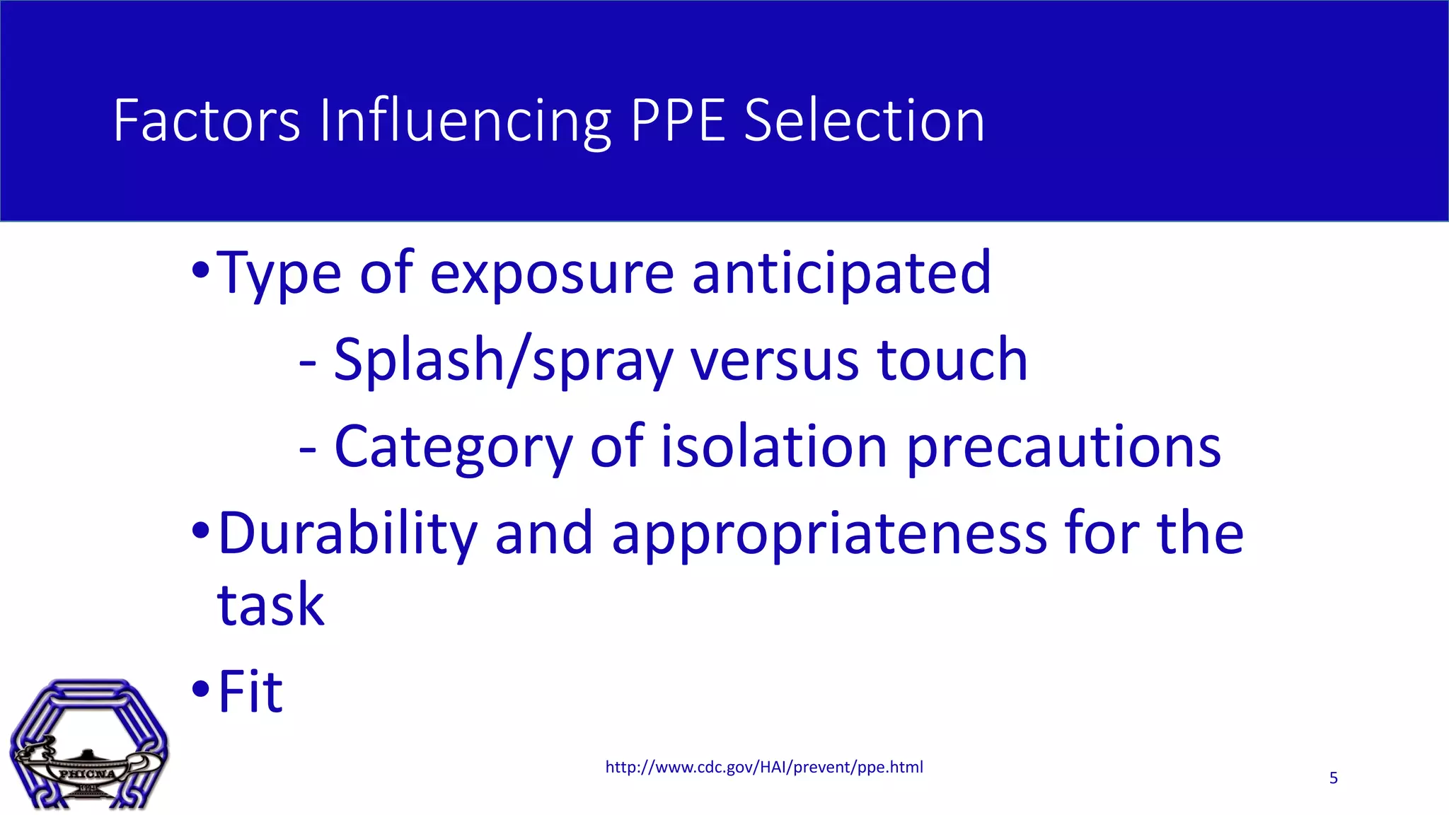 Factors Influencing PPE Selection
•Type of exposure anticipated
- Splash/spray versus touch
- Category of isolation precautions
•Durability and appropriateness for the
task
•Fit
http://www.cdc.gov/HAI/prevent/ppe.html
5
 