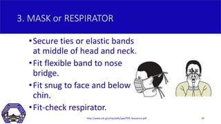 3. MASK or RESPIRATOR
•Secure ties or elastic bands
at middle of head and neck.
•Fit flexible band to nose
bridge.
•Fit sn...