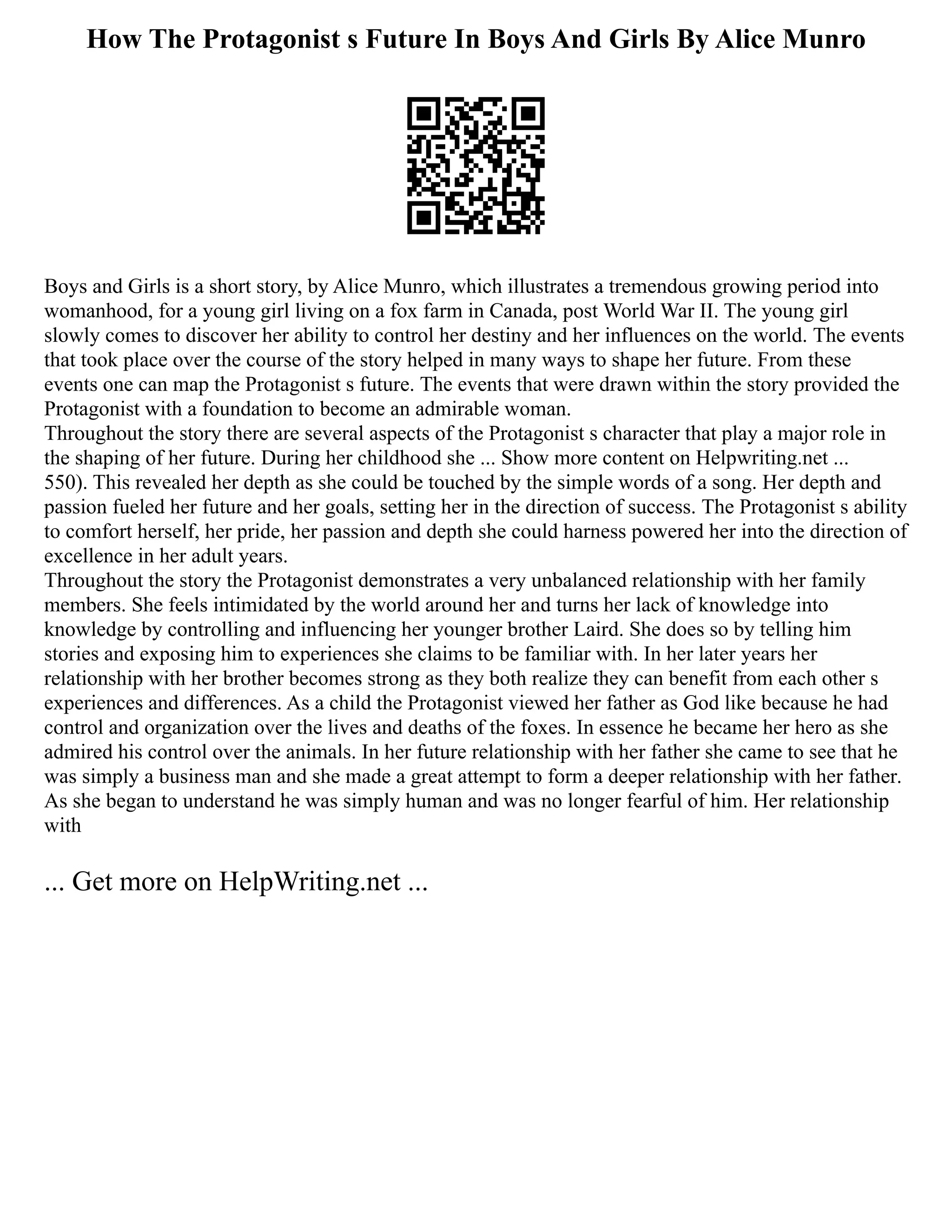 How The Protagonist s Future In Boys And Girls By Alice Munro
Boys and Girls is a short story, by Alice Munro, which illustrates a tremendous growing period into
womanhood, for a young girl living on a fox farm in Canada, post World War II. The young girl
slowly comes to discover her ability to control her destiny and her influences on the world. The events
that took place over the course of the story helped in many ways to shape her future. From these
events one can map the Protagonist s future. The events that were drawn within the story provided the
Protagonist with a foundation to become an admirable woman.
Throughout the story there are several aspects of the Protagonist s character that play a major role in
the shaping of her future. During her childhood she ... Show more content on Helpwriting.net ...
550). This revealed her depth as she could be touched by the simple words of a song. Her depth and
passion fueled her future and her goals, setting her in the direction of success. The Protagonist s ability
to comfort herself, her pride, her passion and depth she could harness powered her into the direction of
excellence in her adult years.
Throughout the story the Protagonist demonstrates a very unbalanced relationship with her family
members. She feels intimidated by the world around her and turns her lack of knowledge into
knowledge by controlling and influencing her younger brother Laird. She does so by telling him
stories and exposing him to experiences she claims to be familiar with. In her later years her
relationship with her brother becomes strong as they both realize they can benefit from each other s
experiences and differences. As a child the Protagonist viewed her father as God like because he had
control and organization over the lives and deaths of the foxes. In essence he became her hero as she
admired his control over the animals. In her future relationship with her father she came to see that he
was simply a business man and she made a great attempt to form a deeper relationship with her father.
As she began to understand he was simply human and was no longer fearful of him. Her relationship
with
... Get more on HelpWriting.net ...
 