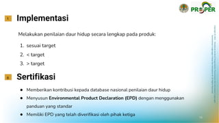 Copyright
©
2021
Direktorat
Jenderal
Pengendalian
Pencemaran
dan
Kerusakan
Lingkungan
Kementerian
Lingkungan
Hidup
dan
Kehutanan
RI
All
Rights
Reserved
Implementasi
f.
Melakukan penilaian daur hidup secara lengkap pada produk:
1. sesuai target
2. < target
3. > target
Sertifikasi
g.
● Memberikan kontribusi kepada database nasional penilaian daur hidup
● Menyusun Environmental Product Declaration (EPD) dengan menggunakan
panduan yang standar
● Memiliki EPD yang telah diverifikasi oleh pihak ketiga
19
 