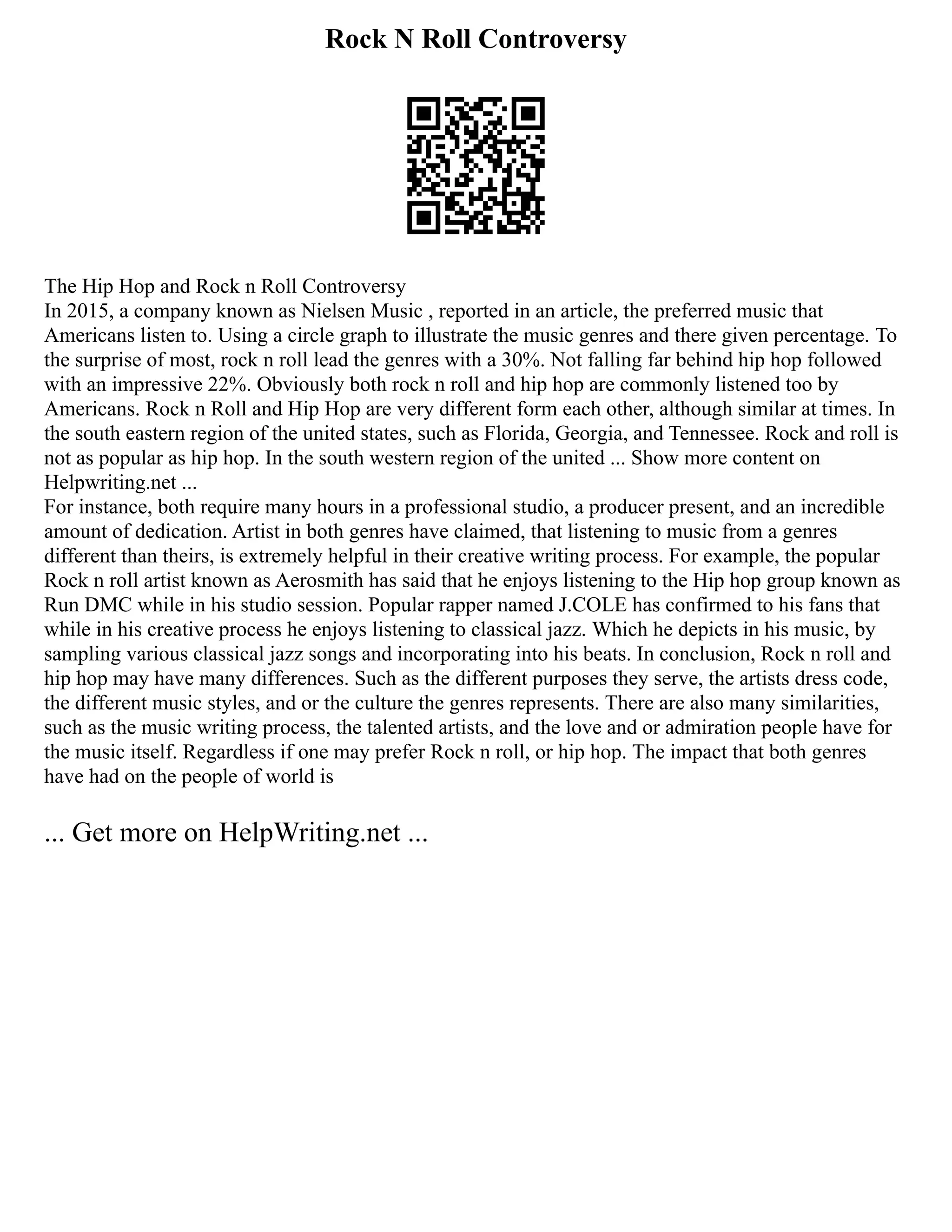 Rock N Roll Controversy
The Hip Hop and Rock n Roll Controversy
In 2015, a company known as Nielsen Music , reported in an article, the preferred music that
Americans listen to. Using a circle graph to illustrate the music genres and there given percentage. To
the surprise of most, rock n roll lead the genres with a 30%. Not falling far behind hip hop followed
with an impressive 22%. Obviously both rock n roll and hip hop are commonly listened too by
Americans. Rock n Roll and Hip Hop are very different form each other, although similar at times. In
the south eastern region of the united states, such as Florida, Georgia, and Tennessee. Rock and roll is
not as popular as hip hop. In the south western region of the united ... Show more content on
Helpwriting.net ...
For instance, both require many hours in a professional studio, a producer present, and an incredible
amount of dedication. Artist in both genres have claimed, that listening to music from a genres
different than theirs, is extremely helpful in their creative writing process. For example, the popular
Rock n roll artist known as Aerosmith has said that he enjoys listening to the Hip hop group known as
Run DMC while in his studio session. Popular rapper named J.COLE has confirmed to his fans that
while in his creative process he enjoys listening to classical jazz. Which he depicts in his music, by
sampling various classical jazz songs and incorporating into his beats. In conclusion, Rock n roll and
hip hop may have many differences. Such as the different purposes they serve, the artists dress code,
the different music styles, and or the culture the genres represents. There are also many similarities,
such as the music writing process, the talented artists, and the love and or admiration people have for
the music itself. Regardless if one may prefer Rock n roll, or hip hop. The impact that both genres
have had on the people of world is
... Get more on HelpWriting.net ...
 