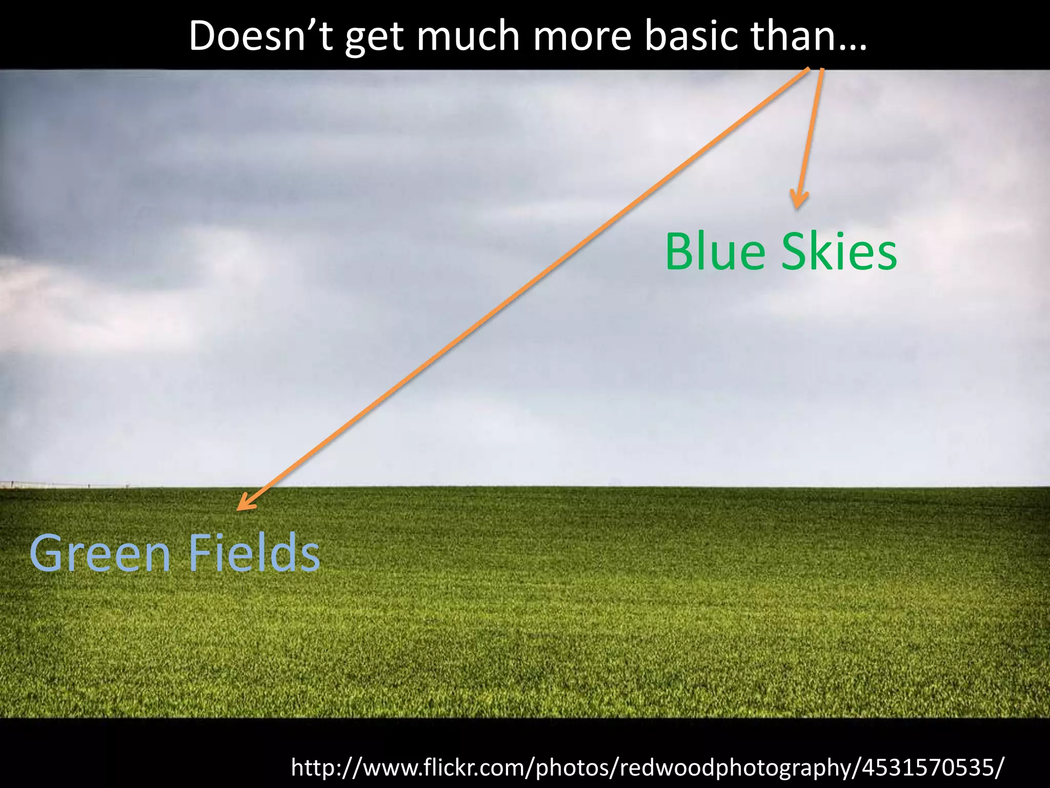 Doesn’t get much more basic than…

Blue Skies

Green Fields

http://www.flickr.com/photos/redwoodphotography/4531570535/

 