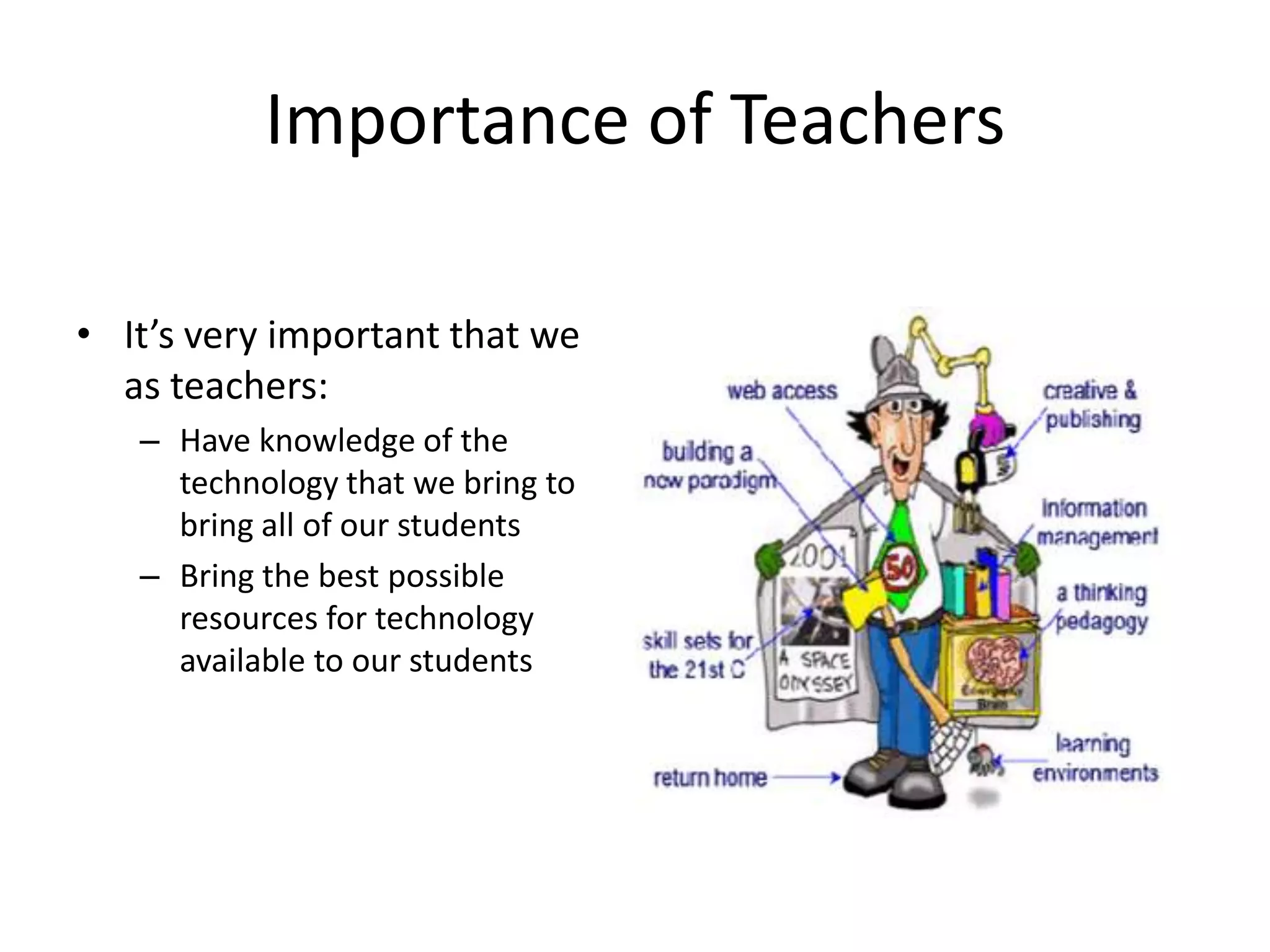 Importance of TeachersIt’s very important that we as teachers:Have knowledge of the technology that we bring to  bring all of our students Bring the best possible resources for technology available to our students