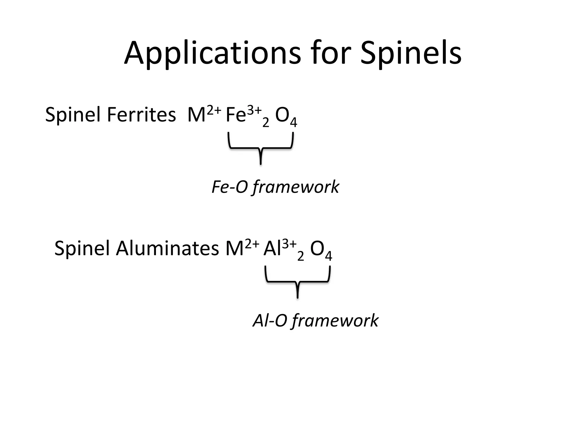 Applications for Spinels
Spinel Ferrites M2+ Fe3+
2 O4
Fe-O framework
Spinel Aluminates M2+ Al3+
2 O4
Al-O framework
 