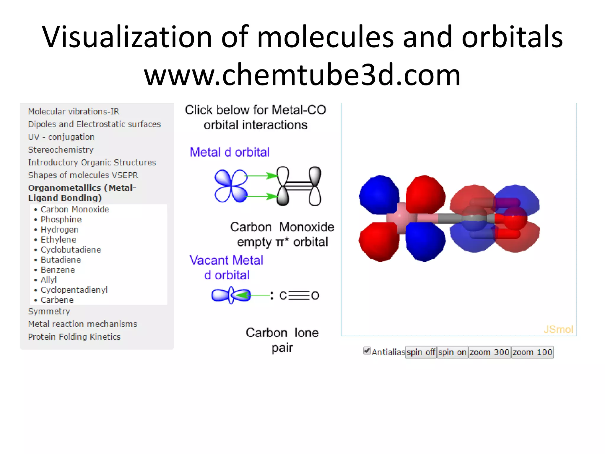 Visualization of molecules and orbitals
www.chemtube3d.com
 