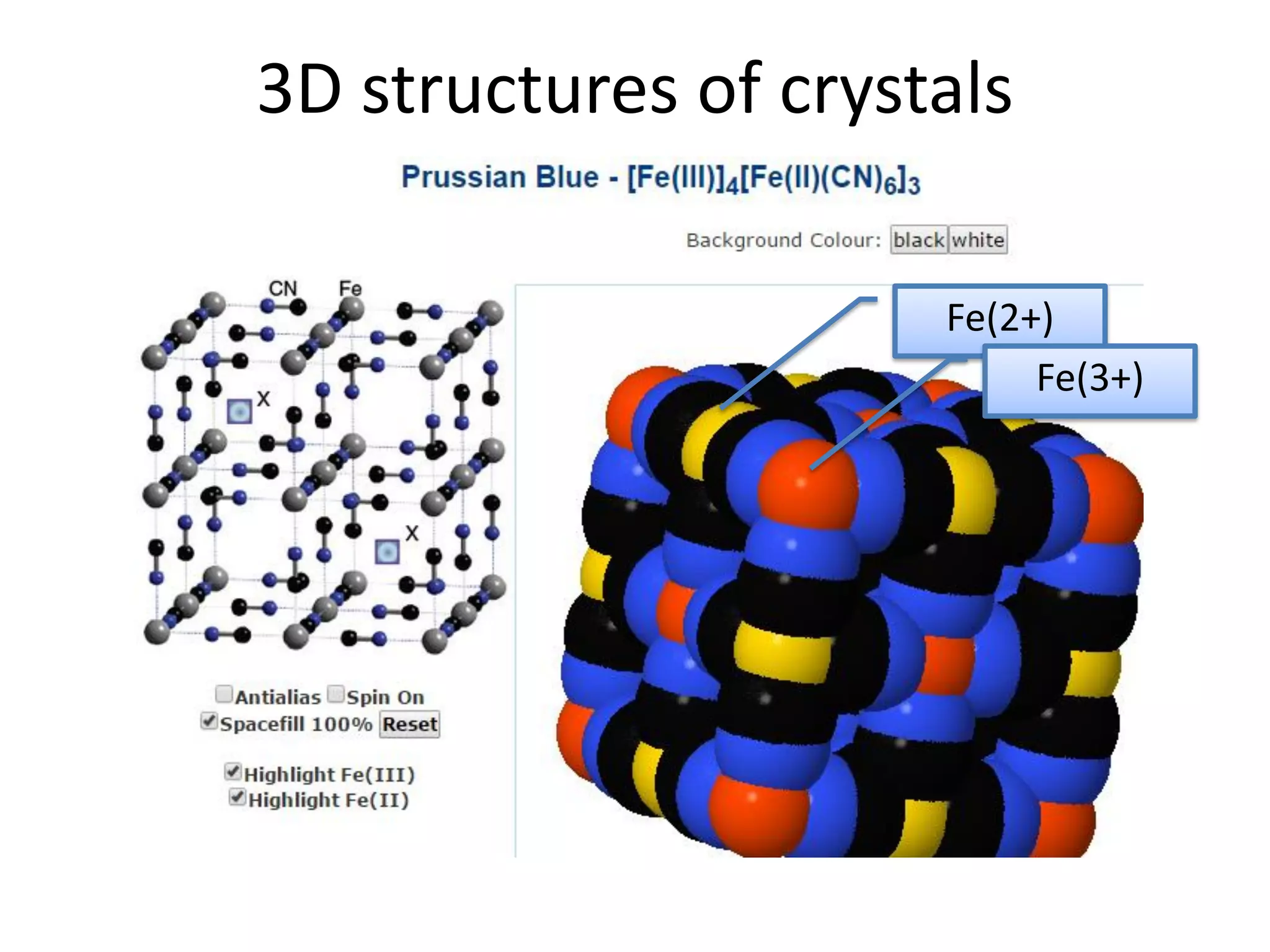 3D structures of crystals
Fe(2+)
Fe(3+)
 