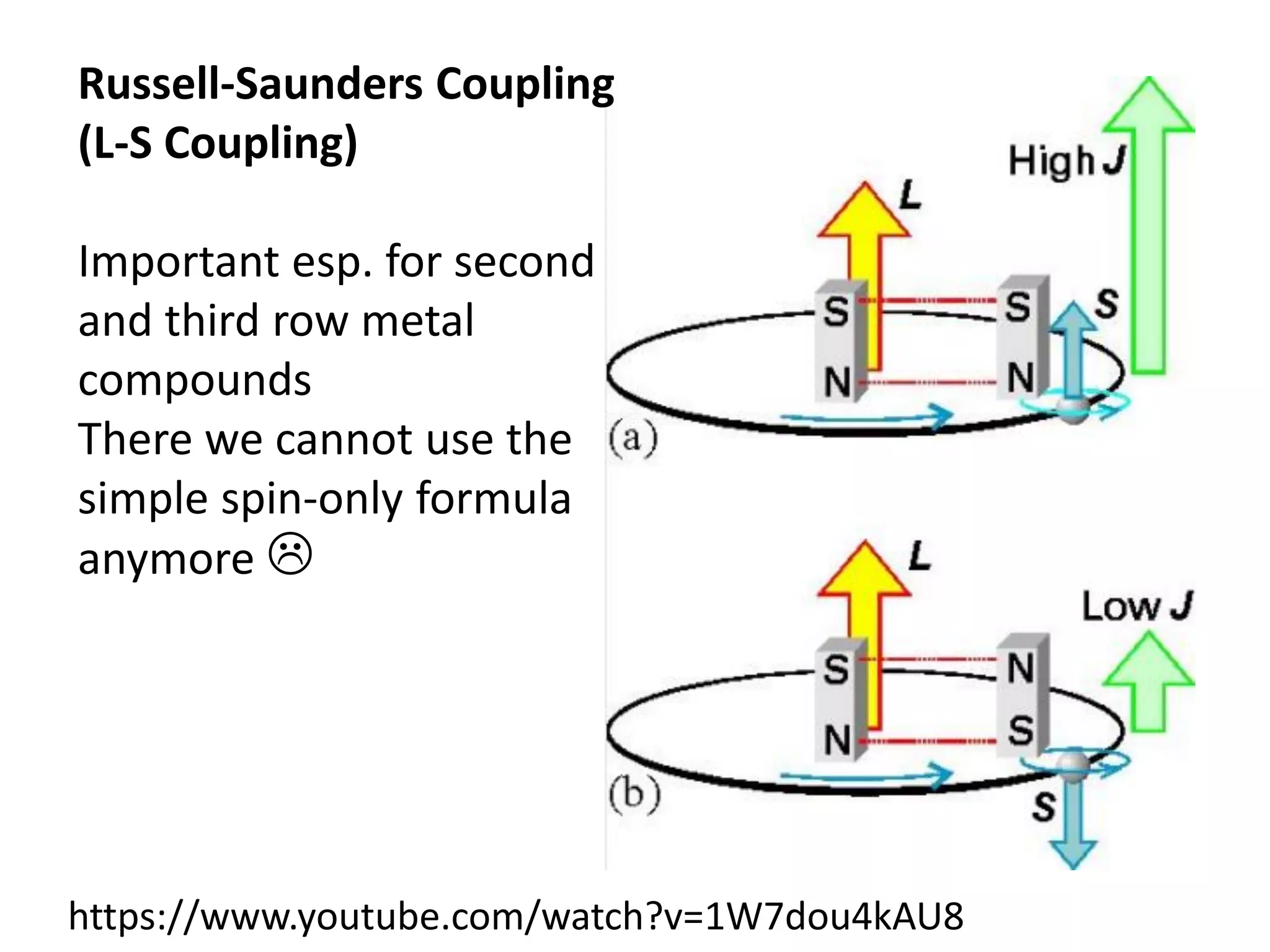 Russell-Saunders Coupling
(L-S Coupling)
Important esp. for second
and third row metal
compounds
There we cannot use the
simple spin-only formula
anymore 
https://www.youtube.com/watch?v=1W7dou4kAU8
 