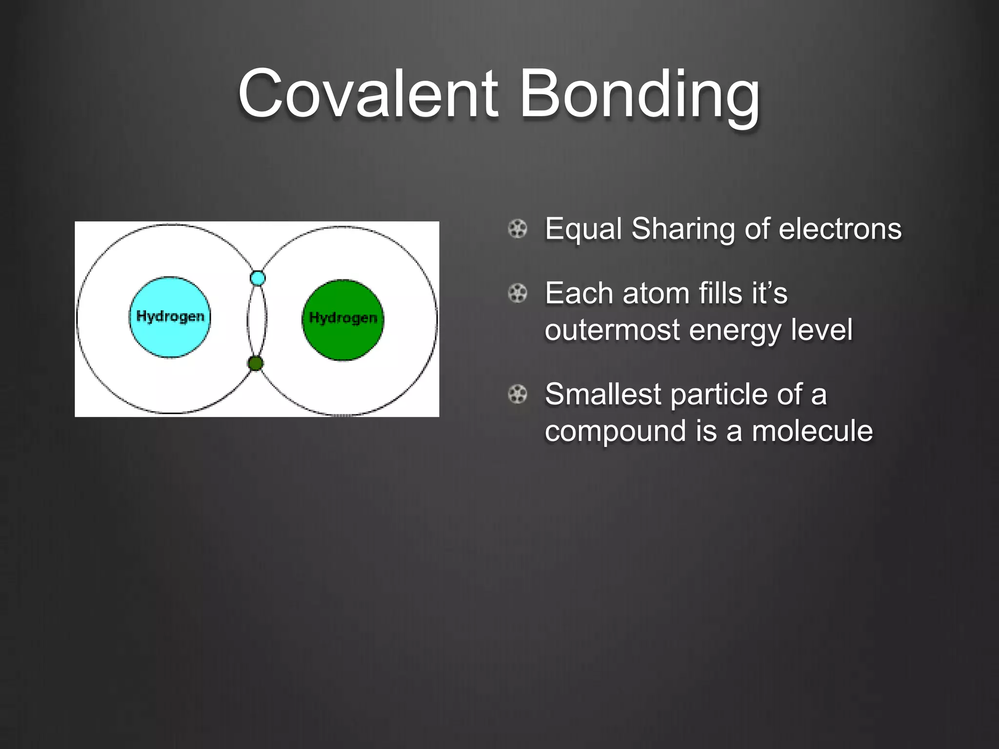 Covalent Bonding
         Equal Sharing of electrons

         Each atom fills it’s
         outermost energy level

         Smallest particle of a
         compound is a molecule
 