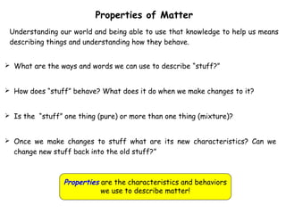 Properties of Matter
Understanding our world and being able to use that knowledge to help us means
describing things and understanding how they behave.
 What are the ways and words we can use to describe “stuff?”
 How does “stuff” behave? What does it do when we make changes to it?
 Is the “stuff” one thing (pure) or more than one thing (mixture)?
 Once we make changes to stuff what are its new characteristics? Can we

change new stuff back into the old stuff?”

Properties are the characteristics and behaviors
we use to describe matter!

 