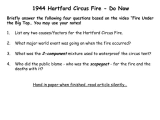 1944 Hartford Circus Fire - Do Now
Briefly answer the following four questions based on the video “Fire Under
the Big Top… You may use your notes!
1.

List any two causes/factors for the Hartford Circus Fire.

2.

What major world event was going on when the fire occurred?

3.

What was the 2-component mixture used to waterproof the circus tent?

4.

Who did the public blame - who was the scapegoat - for the fire and the
deaths with it?

Hand in paper when finished, read article silently…

 