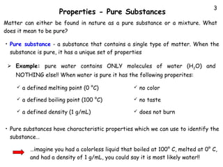 Properties - Pure Substances

3

Matter can either be found in nature as a pure substance or a mixture. What
does it mean to be pure?
•

Pure substance - a substance that contains a single type of matter. When the
substance is pure, it has a unique set of properties
 Example: pure water contains ONLY molecules of water (H2O) and

NOTHING else!! When water is pure it has the following properites:




no color



a defined boiling point (100 °C)



no taste



•

a defined melting point (0 °C)

a defined density (1 g/mL)



does not burn

Pure substances have characteristic properties which we can use to identify the
substance…
…imagine you had a colorless liquid that boiled at 100° C, melted at 0° C,
and had a density of 1 g/mL, you could say it is most likely water!!

 