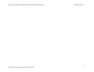 Grade 7 Math LESSON 5: PROPERTIES OF THE OPERATION ON INTEGERS TEACHING GUIDE
15
AUTHORS: Gina Guerra and Flordeliza F. Francisco, Ph.D.
 