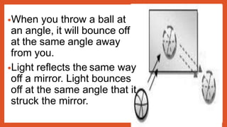 •When you throw a ball at
an angle, it will bounce off
at the same angle away
from you.
•Light reflects the same way
off a mirror. Light bounces
off at the same angle that it
struck the mirror.
 