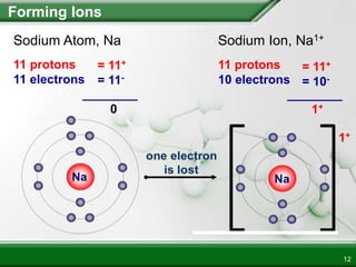 Forming Ions
12
1+
Sodium Atom, Na
11 protons
11 electrons
________
0
11 protons
10 electrons
________
1+
Sodium Ion, Na1+
= 11+
= 11-
= 11+
= 10-
 