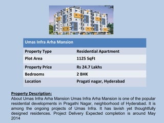 Umas Infra Arha Mansion
Property Type Residential Apartment
Plot Area 1125 SqFt
Property Price Rs 24.7 Lakhs
Bedrooms 2 BHK
Location Pragati nagar, Hyderabad
Property Description:
About Umas Infra Arha Mansion Umas Infra Arha Mansion is one of the popular
residential developments in Pragathi Nagar, neighborhood of Hyderabad. It is
among the ongoing projects of Umas Infra. It has lavish yet thoughtfully
designed residences. Project Delivery Expected completion is around May
2014
 