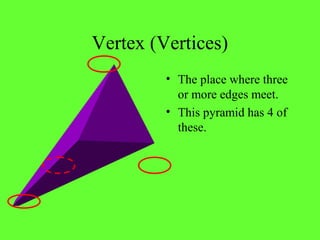 Vertex (Vertices)
• The place where three
or more edges meet.
• This pyramid has 4 of
these.
 