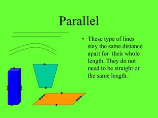 Parallel
• These type of lines
stay the same distance
apart for their whole
length. They do not
need to be straight or
the same length.
 