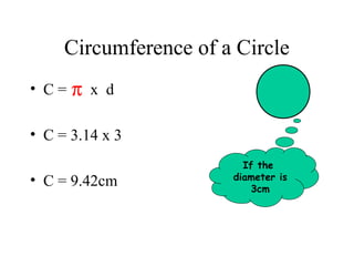 Circumference of a Circle
• C=   π x d

• C = 3.14 x 3
                         If the
• C = 9.42cm           diameter is
                           3cm
 