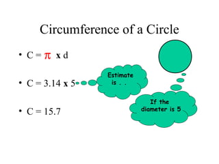 Circumference of a Circle
• C=   π xd
                 Estimate
• C = 3.14 x 5    is . .


                               If the
• C = 15.7                  diameter is 5
 