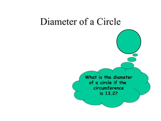Diameter of a Circle




           What is the diameter
            of a circle if the
              circumference
                 is 13.2?
 