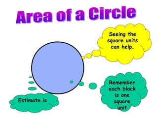 Seeing the
              square units
                can help.




              Remember
              each block
                is one
Estimate is     square
                 unit
 