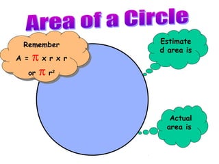 Remember        Estimate
 Remember        d area is
A =
A =π x rr x rr
    πx x
  or π r
  or π r
         22




                   Actual
                  area is
 