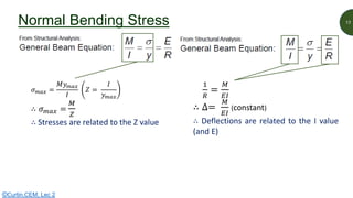 Normal Bending Stress 13
©Curtin,CEM, Lec 2
𝜎 𝑚𝑎𝑥 =
𝑀𝑦 𝑚𝑎𝑥
𝐼
𝑍 =
𝐼
𝑦 𝑚𝑎𝑥
∴ 𝜎 𝑚𝑎𝑥 =
𝑀
𝑍
∴ Stresses are related to the Z value
1
𝑅
=
𝑀
𝐸𝐼
∴ ∆=
𝑀
𝐸𝐼
(constant)
∴ Deflections are related to the I value
(and E)
 