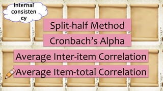 Split-half Method
Internal
consisten
cy
Cronbach’s Alpha
Average Inter-item Correlation
Average Item-total Correlation
 