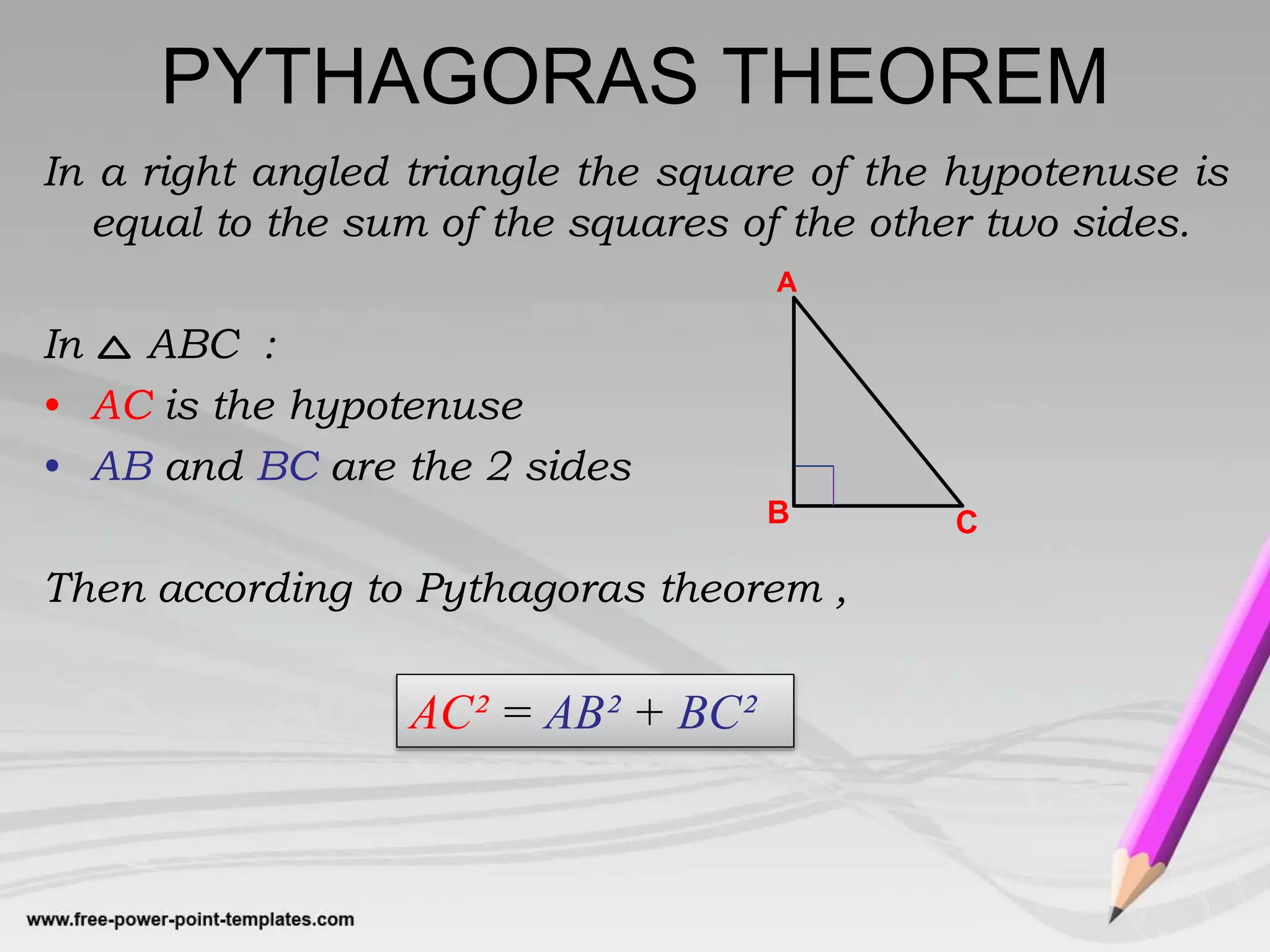 PYTHAGORAS THEOREM 
In a right angled triangle the square of the hypotenuse is 
equal to the sum of the squares of the other two sides. 
In ABC : 
• AC is the hypotenuse 
• AB and BC are the 2 sides 
A 
B C 
Then according to Pythagoras theorem , 
AC² = AB² + BC² 
 