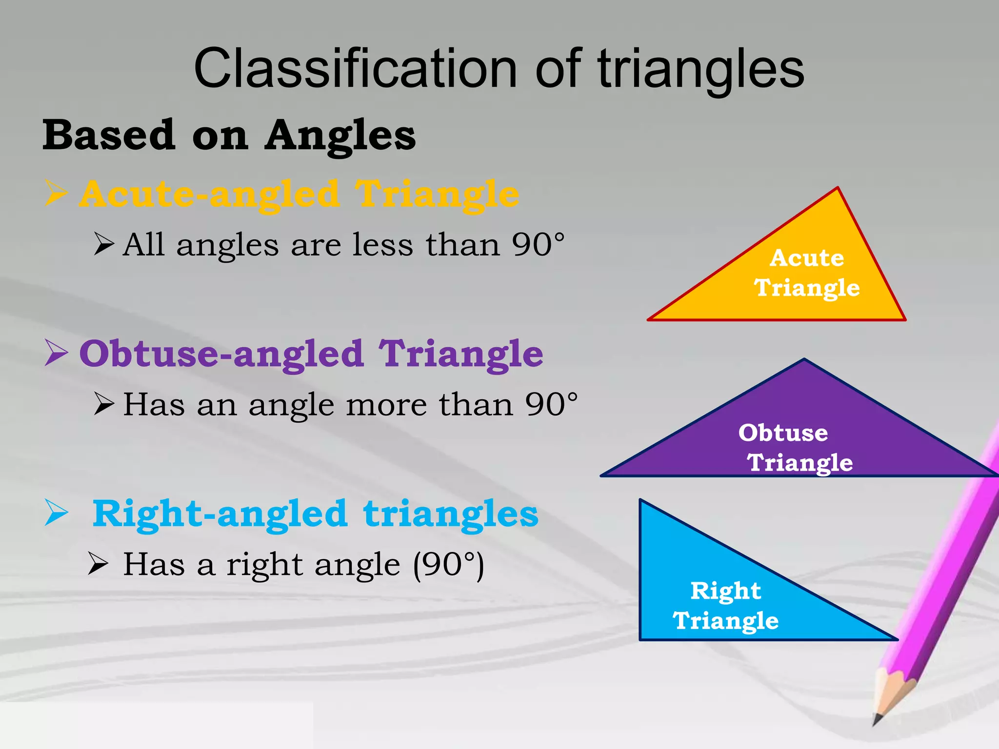 Classification of triangles 
Based on Angles 
 Acute-angled Triangle 
 All angles are less than 90° 
 Obtuse-angled Triangle 
 Has an angle more than 90° 
 Right-angled triangles 
 Has a right angle (90°) 
Acute 
Triangle 
Obtuse 
Triangle 
Right 
Triangle 
 