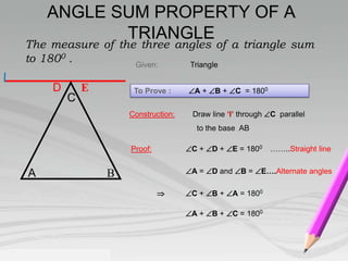 The measure of the three angles of a triangle sum 
to 1800 . 
To Prove : A + B + C = 1800 
Proof: C + D + E = 1800 ……..Straight line 
A = D and B = E….Alternate angles 
 C + B + A = 1800 
A + B + C = 1800 
D E 
Given: Triangle 
C 
A B 
Construction: Draw line ‘l’ through C parallel 
to the base AB 
l 
ANGLE SUM PROPERTY OF A 
TRIANGLE 
 